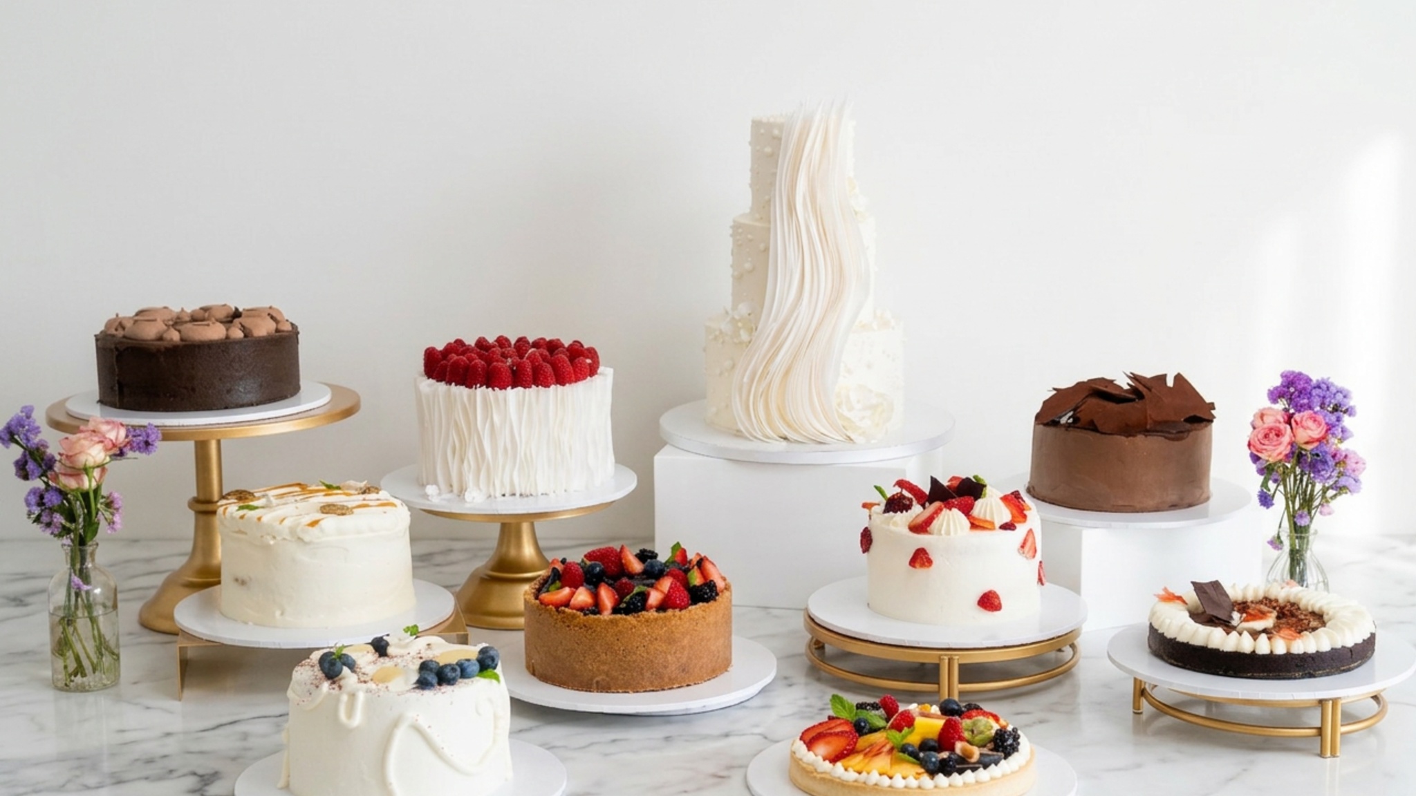 A multi-tier wedding cake with garden roses and eucalyptus on a marble pedestal