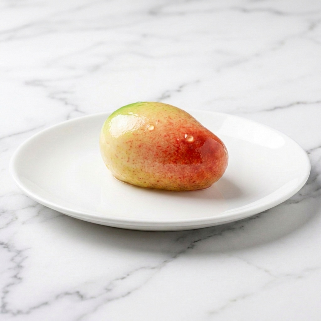 Three glossy mango-glazed dome entremets on a sand-colored linen runner